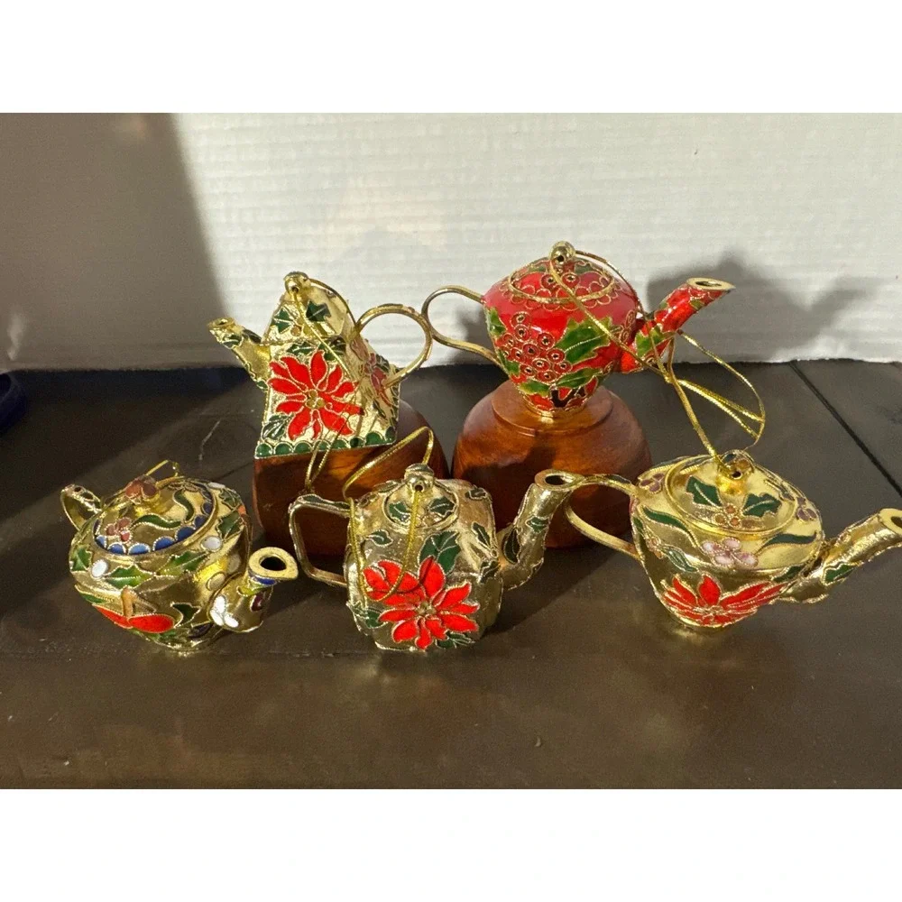 Cloisonne Enamel Teapot Christmas Ornaments Gold Poinsettia Holly Floral Set-5